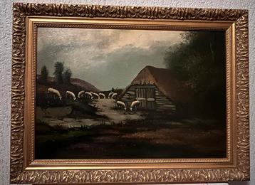 Olieverfschilderij; Schaapskudde en hooischuur op de heide beschikbaar voor biedingen