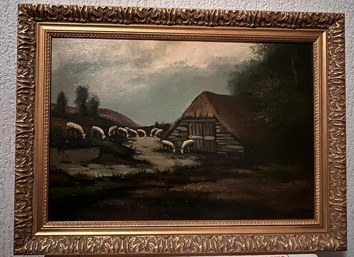 Olieverfschilderij; Schaapskudde en hooischuur op de heide, Antiek en Kunst, Kunst | Schilderijen | Klassiek, Ophalen