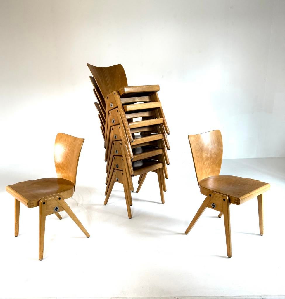 Set van 8 vintage plywood stapelstoelen, Kaderer ‘60, Ophalen of Verzenden, Zo goed als nieuw, Vijf, Zes of meer stoelen, Hout