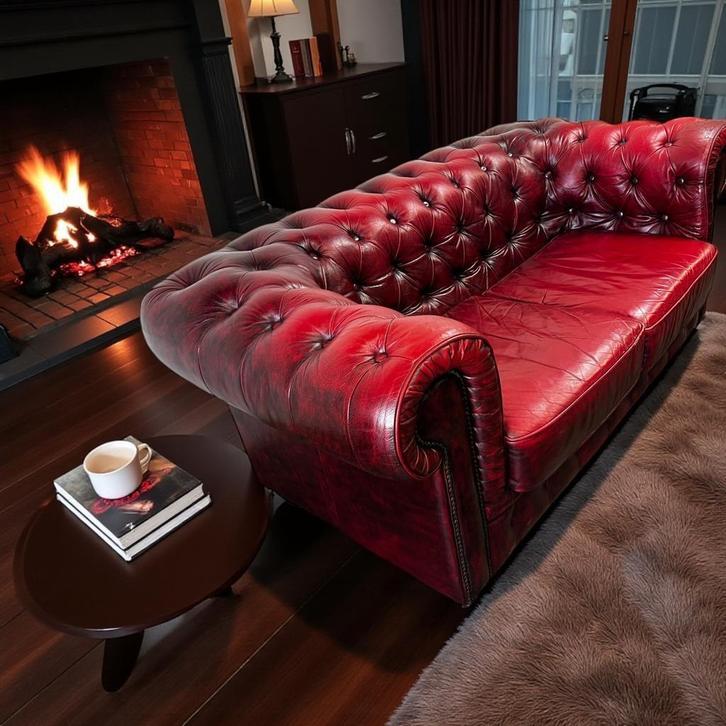 Vintage wijnrode chesterfield / tweezit / canapé, Antiek en Kunst, Curiosa en Brocante, Ophalen