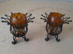 2 metalen kandelaars in nieuwstaat met leuk lichtje, Bruin, Ophalen of Verzenden, Zo goed als nieuw, Metaal