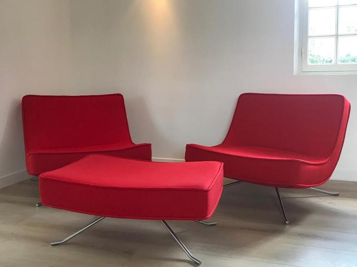 Twee Ligne Roset Pop fauteuils en een ottoman/poef, Huis en Inrichting, Fauteuils, Zo goed als nieuw, Metaal, Stof, 75 tot 100 cm
