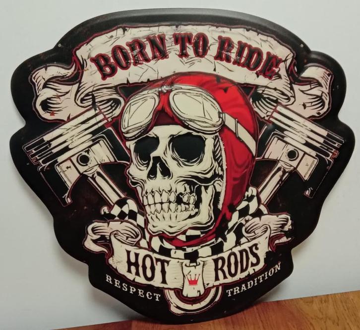 Born to ride Hot Rods skull relief reclamebord van metaal, Huis en Inrichting, Woonaccessoires | Wanddecoraties, Nieuw, Verzenden