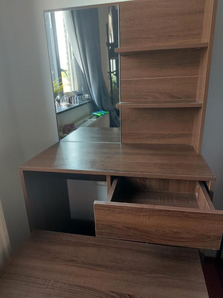 Houten make-uptafel met spiegel en zitbankje, Huis en Inrichting, Tafels | Kaptafels, Zo goed als nieuw, 100 tot 150 cm, 50 tot 100 cm