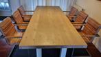 Eetkamerstoelen - 6 of 4 leren stoelen, Ophalen, Gebruikt, Bruin, Metaal