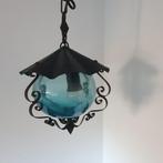 Vintage - Hanglamp - Plafondlamp - Blauw Glas - IJzer -*, Gebruikt, Ophalen of Verzenden, Glas, VINTAGE
