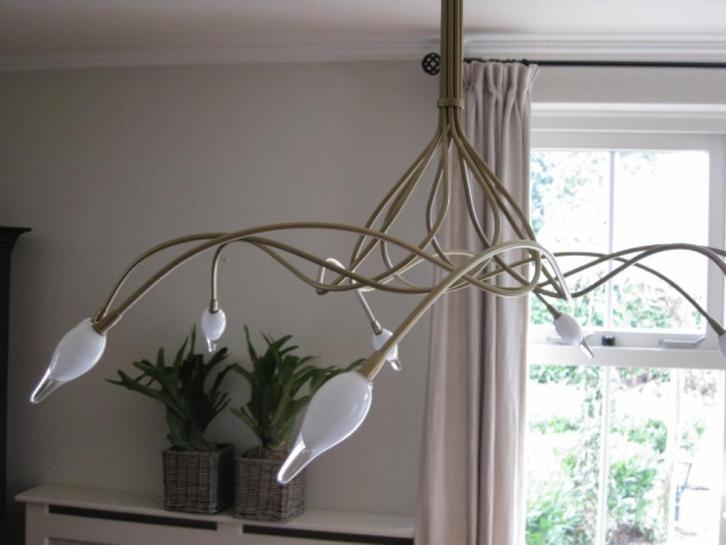 Hanglamp van messing en glas 2X (ZGAN), Huis en Inrichting, Lampen | Hanglampen, Zo goed als nieuw, 50 tot 75 cm, Glas, Metaal