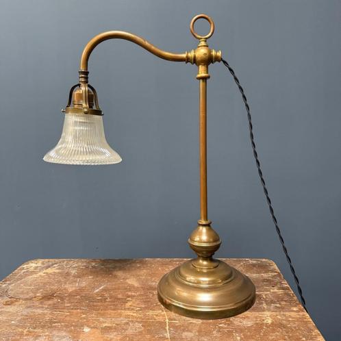 Staande oude messing piano lamp met holophane glazen kapje, Antiek en Kunst, Antiek | Lampen, Ophalen of Verzenden