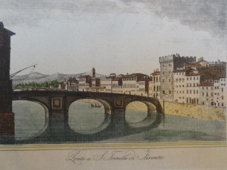 Kleine kleuren prent Trinita brug Florence Italie n.18e eeuw, Antiek en Kunst, Curiosa en Brocante, Verzenden