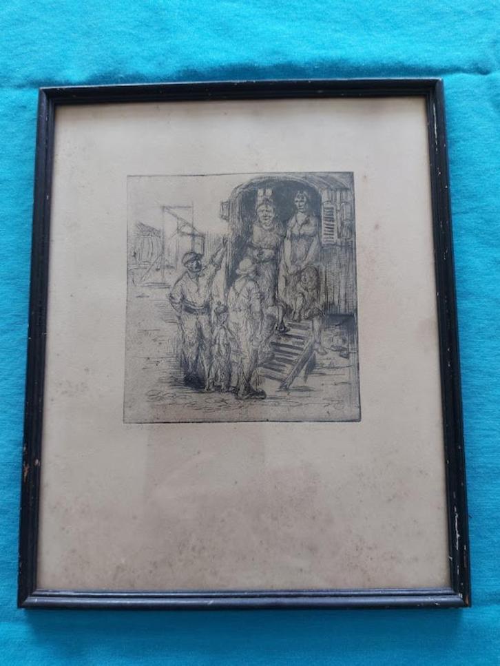 Ingelijste antieke ETS met woonwagen ?Ed vd Meulen? ’19?, Antiek en Kunst, Kunst | Etsen en Gravures, Ophalen of Verzenden