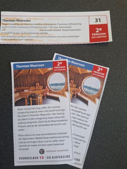 31 en 15  2025 Thermen Maarssen 2e pers. 50% korting max 4pb, Tickets en Kaartjes, Kortingen en Cadeaubonnen, Drie personen of meer