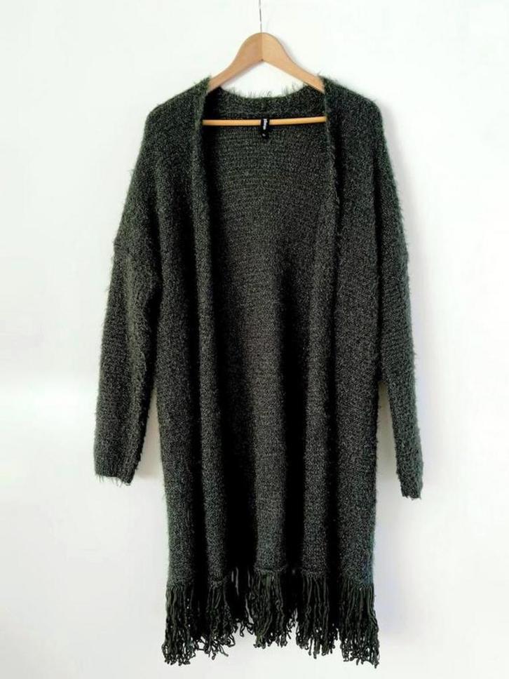 Lang gebreid vest franjes Shoeby XL donker groen one size, Kleding | Dames, Truien en Vesten, Zo goed als nieuw, Maat 46/48 (XL) of groter