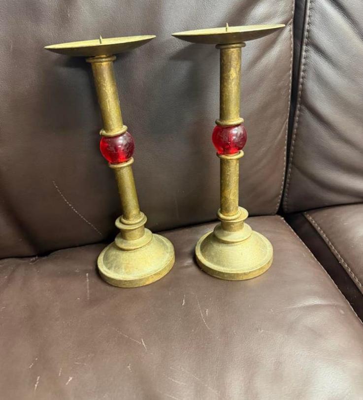 Vintage Koperen Kandelaars met Rode Glazen Bol (Set van 2), Ophalen of Verzenden, Koper of Brons