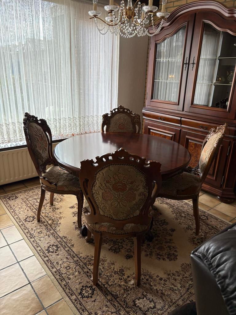 Ronde eettafel met 4 stoelen Queen Anne stijl, Ophalen, 50 tot 100 cm, 100 tot 150 cm, Klassiek