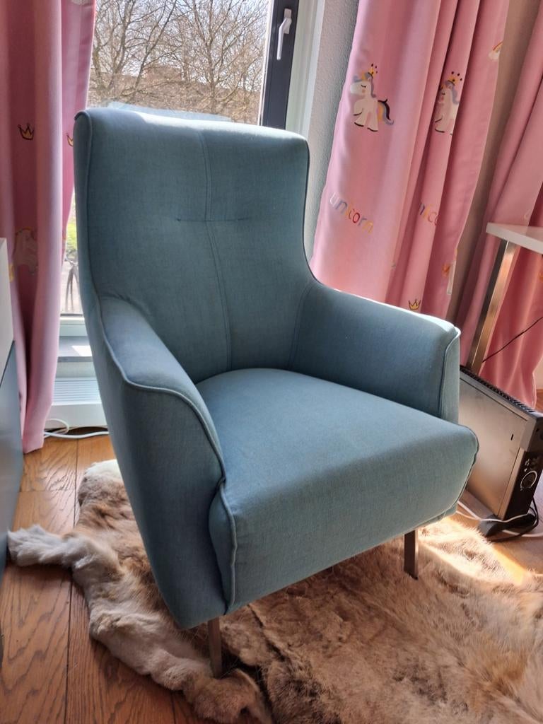 Mooie lichtblauwe fauteuil van Henders en Hazel, Ophalen, Gebruikt, 75 tot 100 cm, 75 tot 100 cm