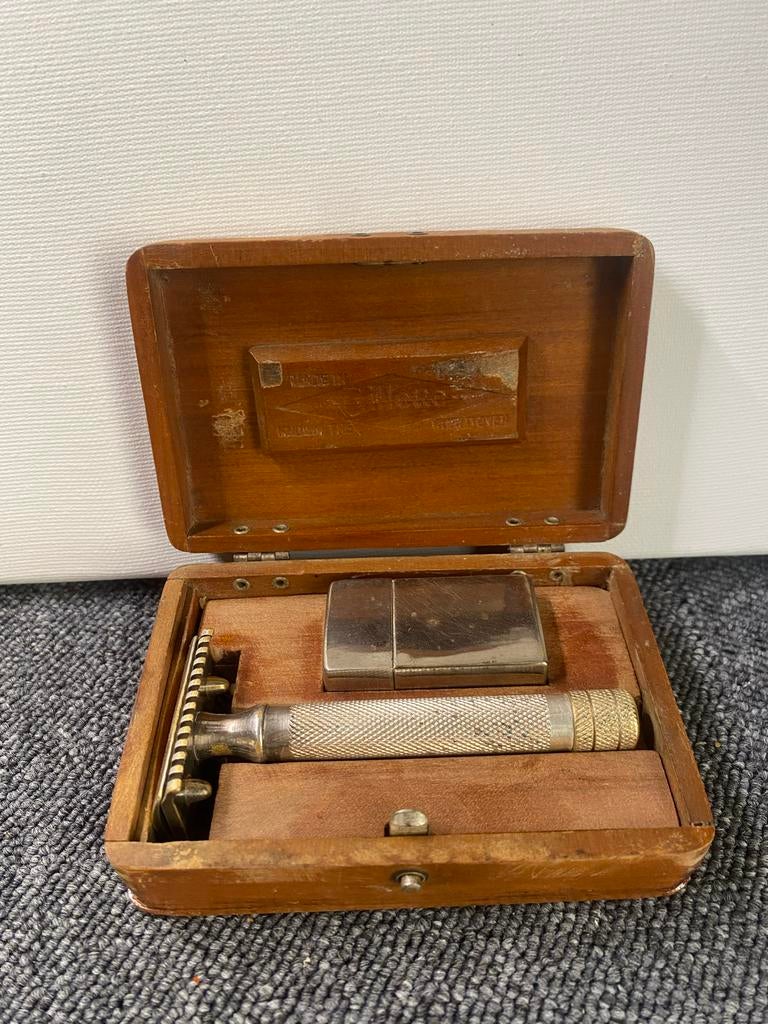 Vintage Gillette scheermes in houten doosje, Antiek en Kunst, Ophalen of Verzenden