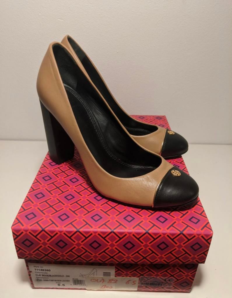 Tory Burch Ethel Pump (100mm), Beige-Zwart Leer, Maat 36.5, Kleding | Dames, Schoenen, Pumps, Beige, Nieuw, Ophalen of Verzenden