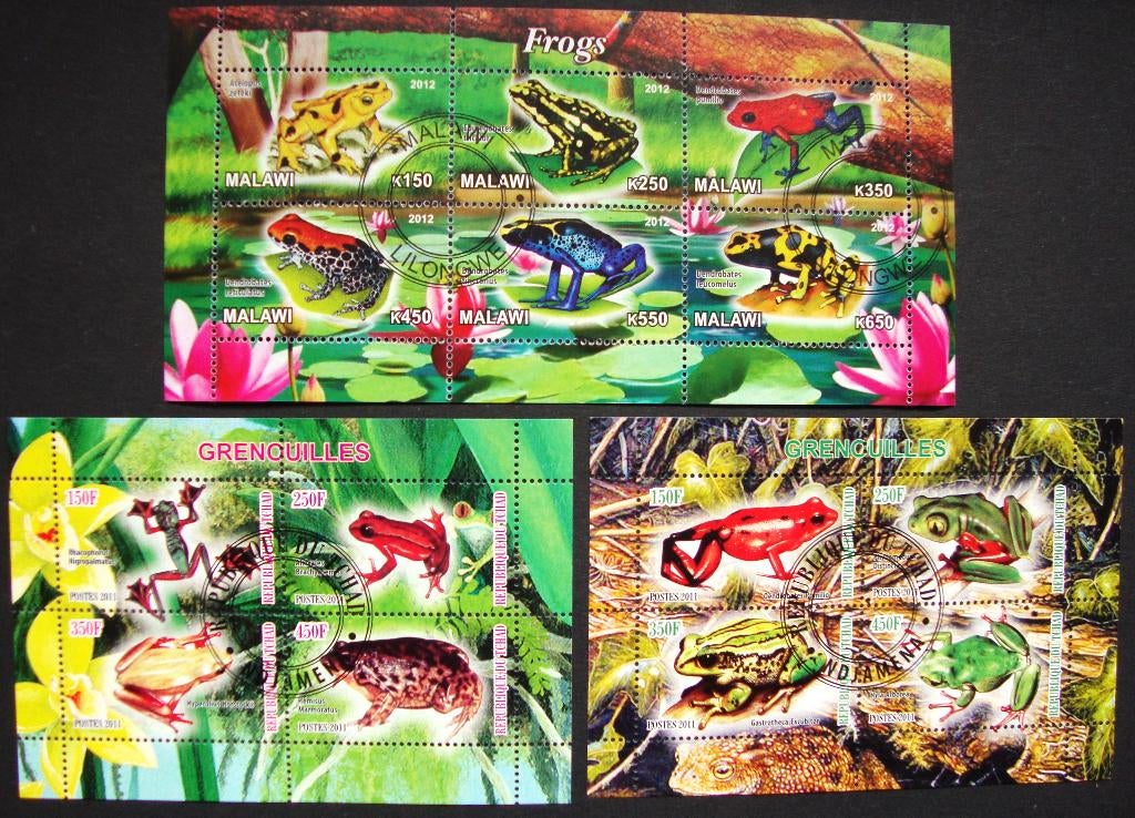 - 811 - 3 Blokken met Kleurrijke Kikkers., Verzenden, Gestempeld, Dier of Natuur