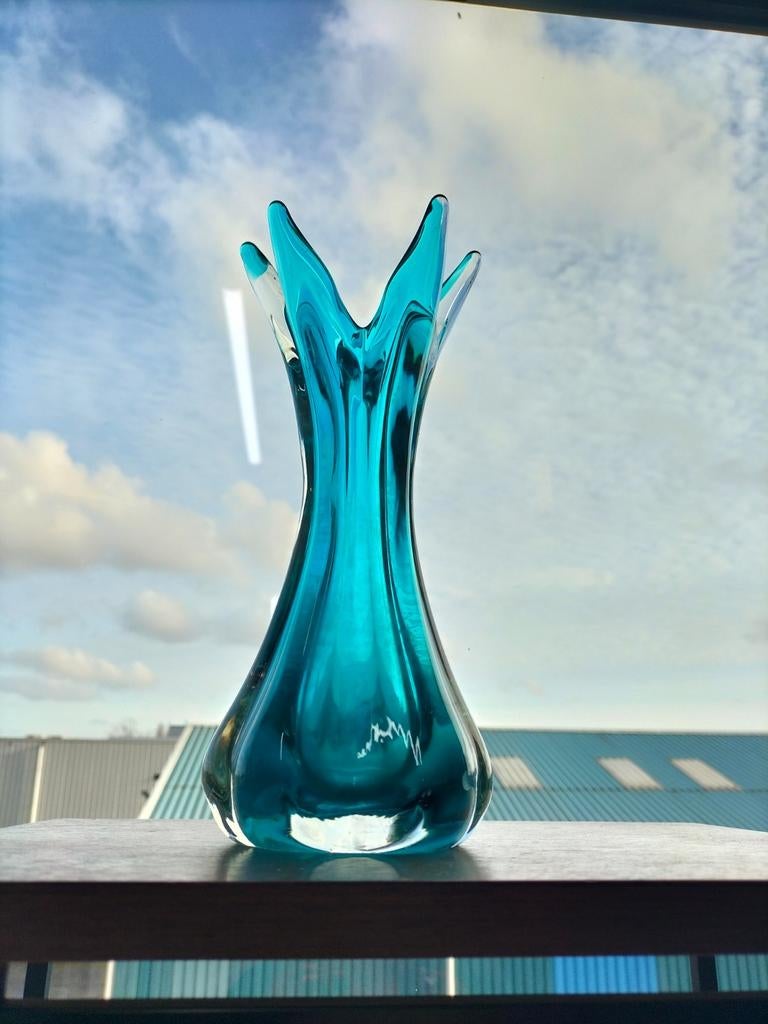 Turquoise glazen vintage vaas, Ophalen of Verzenden