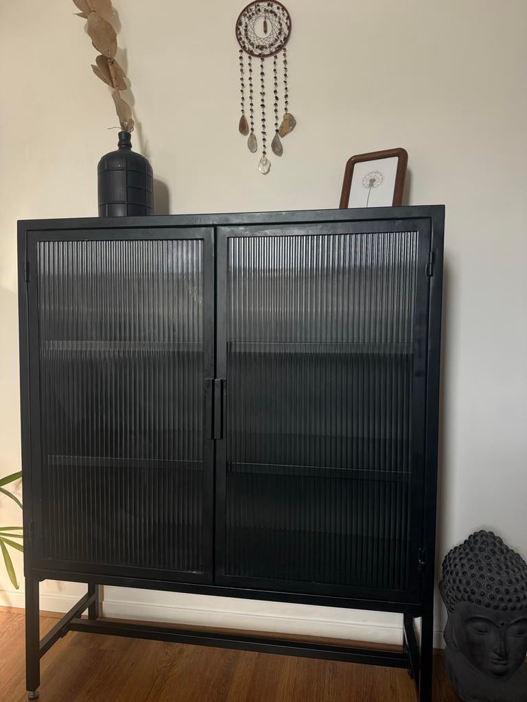 Zwarte metalen industriële kast en bovenkast met ribbelglas, Huis en Inrichting, Kasten | Overige, Ophalen, Gebruikt