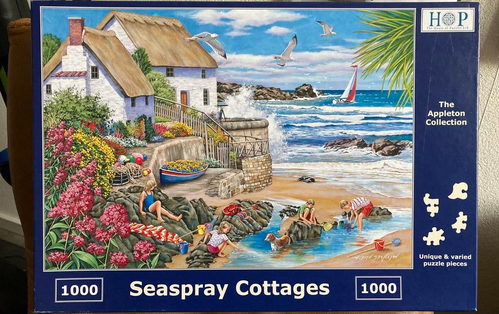 HOP 1000🧩 Seaspray Cottages, Hobby en Vrije tijd, Denksport en Puzzels, Ophalen of Verzenden, 500 t/m 1500 stukjes, Zo goed als nieuw