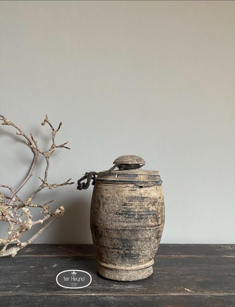 Oude houten kruik met deksel pot hout stoer sober landelijk, Verzenden, Nieuw