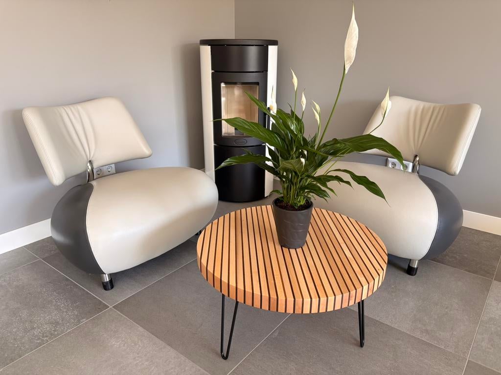 Massief houten salontafel – esdoorn/noten, handgemaakt in NL, Ophalen, 50 tot 100 cm, Rond, Nieuw