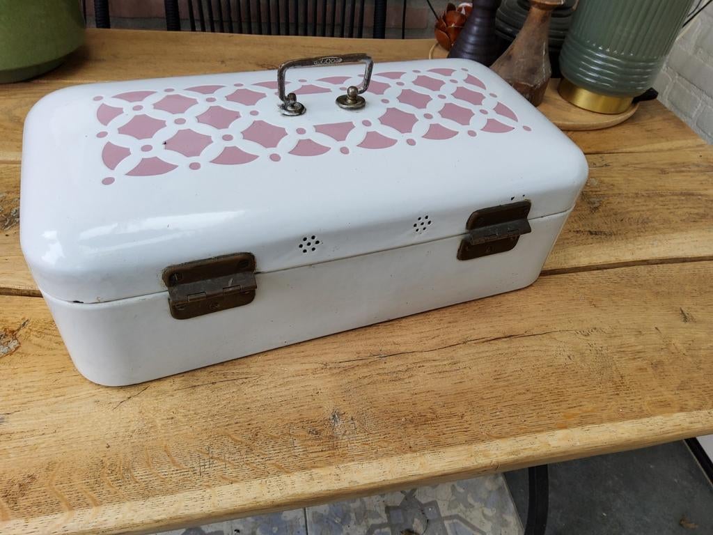 Vintage Broodtrommel Wit met Roze Patroon, Antiek en Kunst, Ophalen of Verzenden