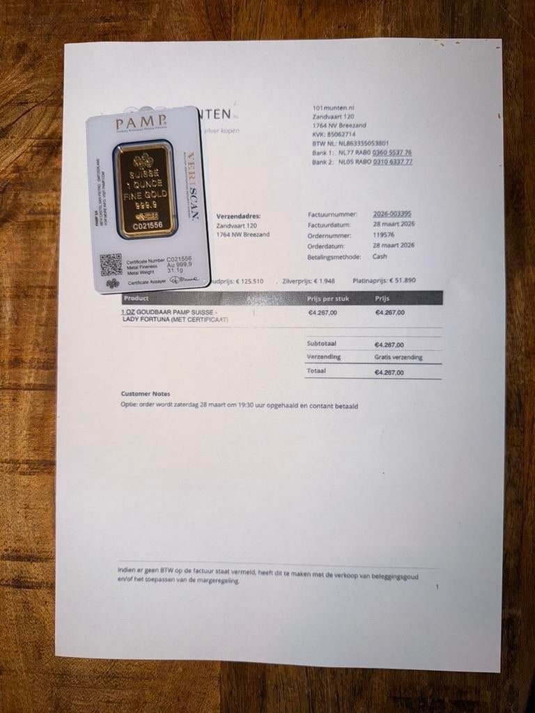 1 Troy Ounce PAMP Suisse Goudbaar Lady Fortuna (Verzegeld), Ophalen of Verzenden, Goud