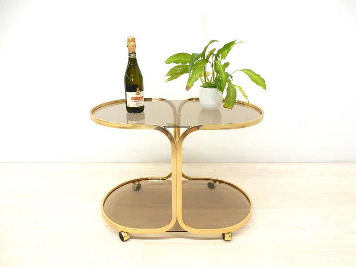 vintage messing bijzettafel 70s serveerwage hollywoodregency, Verzamelen, Retro, Huis en Inrichting, Ophalen of Verzenden