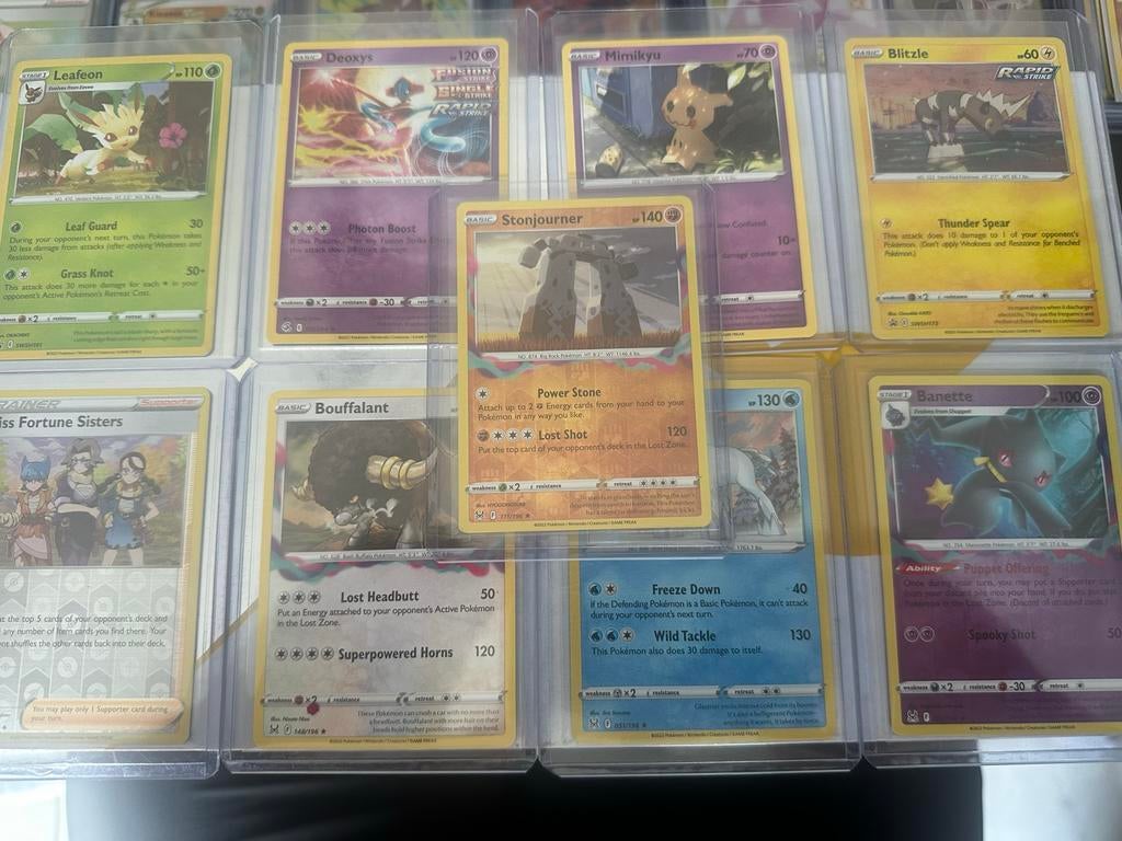Pokémon kaarten: Leafeon, Deoxys, Mimikyu, Stonjourner v, Ophalen of Verzenden, Gebruikt, Meerdere kaarten