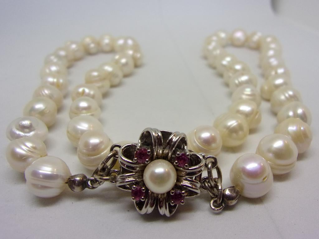Exclusief parelcollier met Robijn en Parel – 14K witgoud, Sieraden, Tassen en Uiterlijk, Kettingen, Verzenden, Wit, Zo goed als nieuw