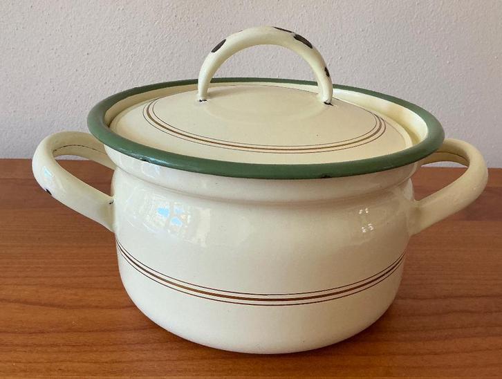 Emaille Pan – Crème met Groene Rand – 18 cm, Antiek en Kunst, Antiek | Emaille, Ophalen of Verzenden
