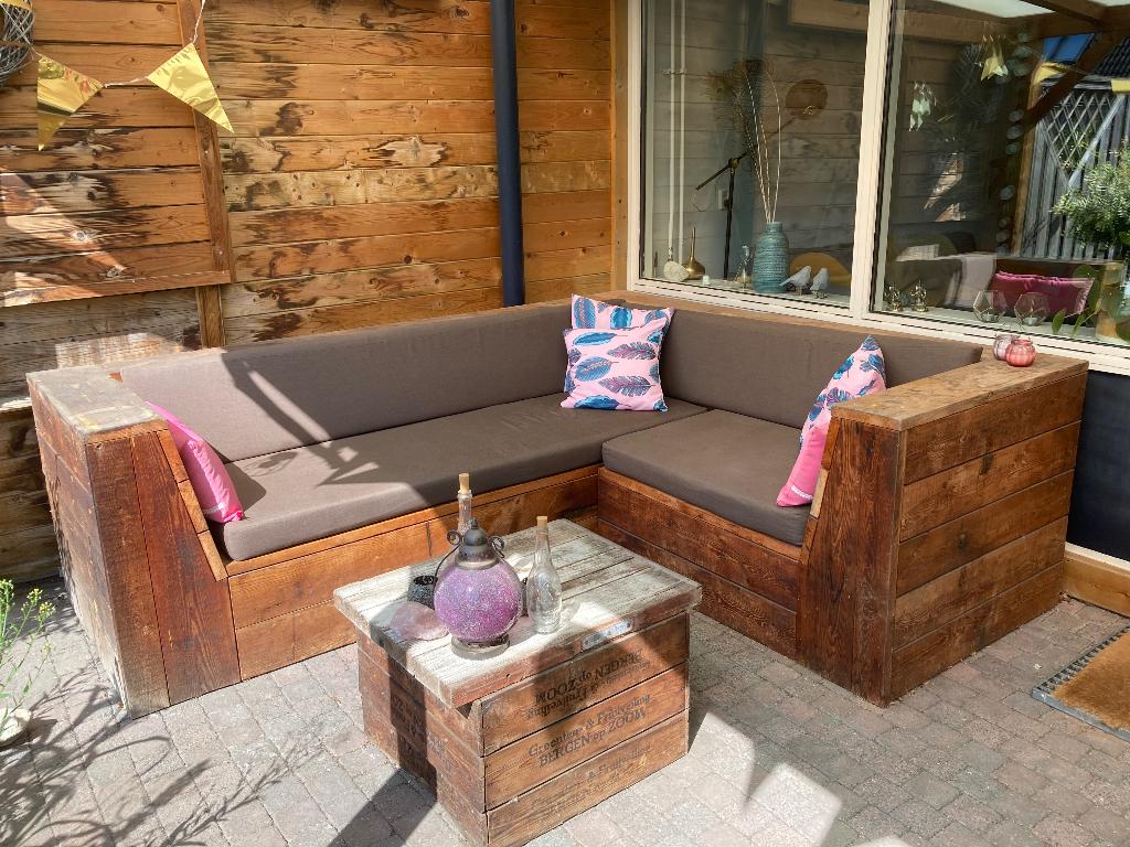 Robuuste tuinbank met tafel (evt met barretje), Ophalen, 4 zitplaatsen, Gebruikt, Bank