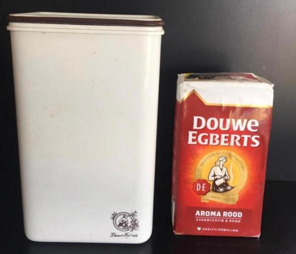 Vintage Voorraadpot Douwe Egberts koffiebus, Huis en Inrichting, Beige, Kunststof, Ophalen of Verzenden, Zo goed als nieuw