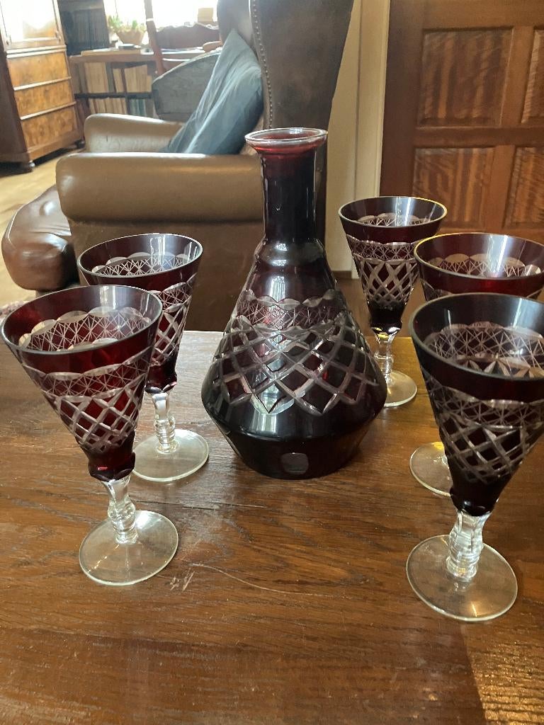 Rode karaf met 5 glazen, Antiek en Kunst, Ophalen of Verzenden