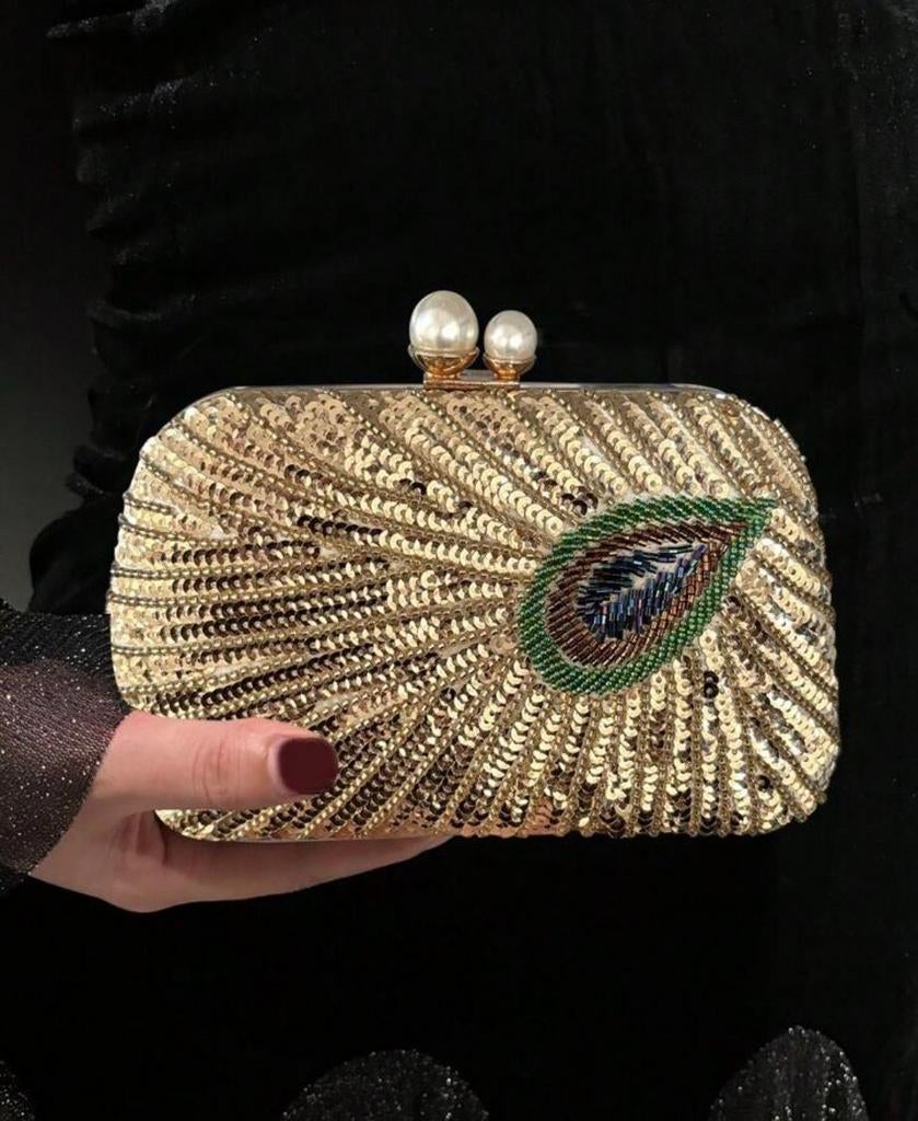 Nieuwe Gouden Avondtas met Pailletten en Pauwenveer, Ophalen, Nieuw, Schoudertasje