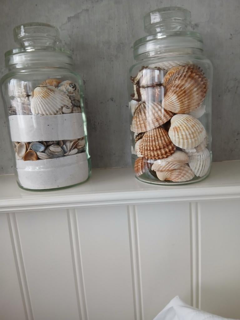 2 Glazen potten met Italiaanse schelpen en zand, Ophalen, Gebruikt, Meerkleurig, Mediterraans
