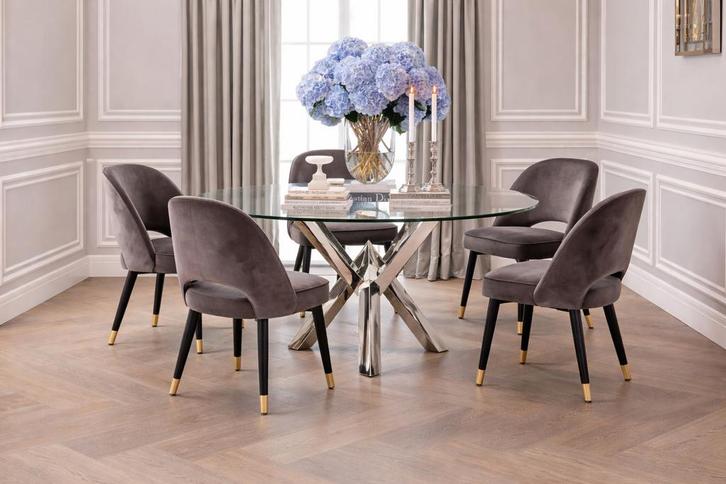 Eichholtz Triumph eettafel met glazen blad & 5 stoelen, Huis en Inrichting, Tafels | Eettafels, Gebruikt, 100 tot 150 cm, Vijf personen of meer