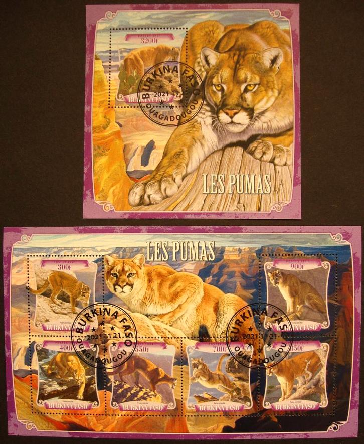 - 783 - 2 Blokken met Poema's., Postzegels en Munten, Postzegels | Thematische zegels, Gestempeld, Dier of Natuur, Verzenden