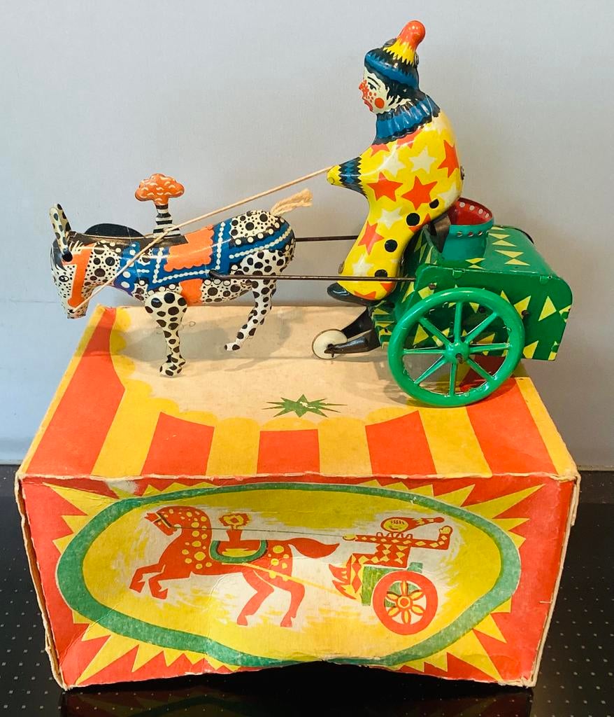 Opwindbaar oud blikken Russisch USSR clowntje met paard OVP, Ophalen