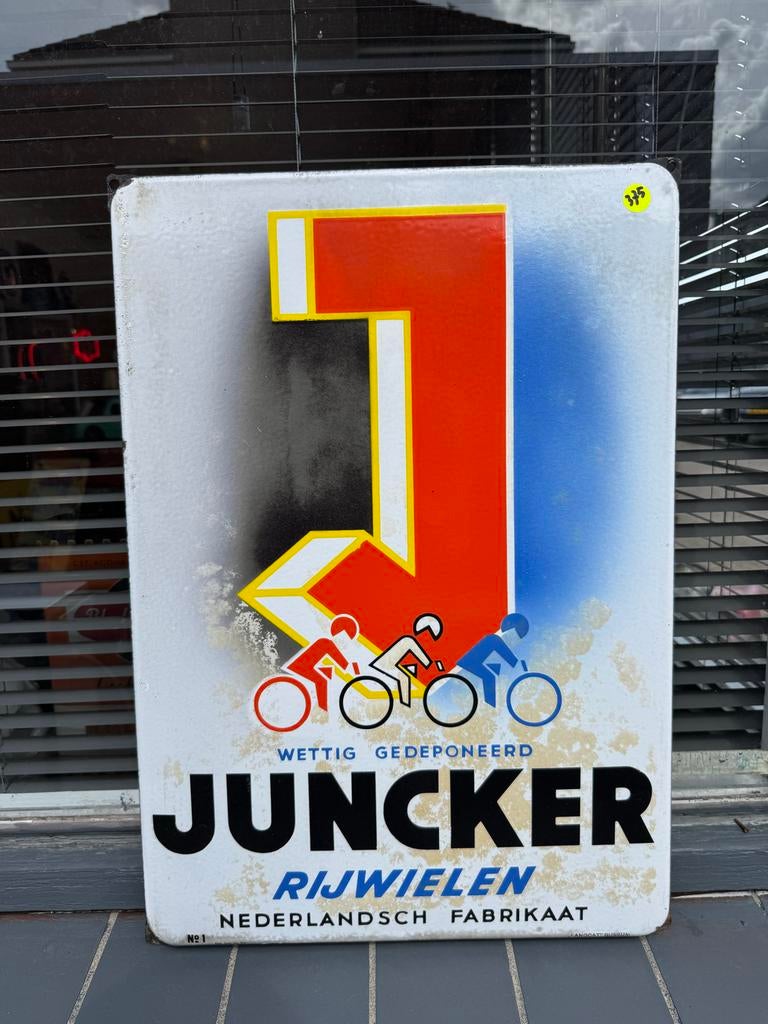 Vintage Juncker Rijwielen Emaille Reclamebord, Reclamebord, Gebruikt, ., Ophalen of Verzenden