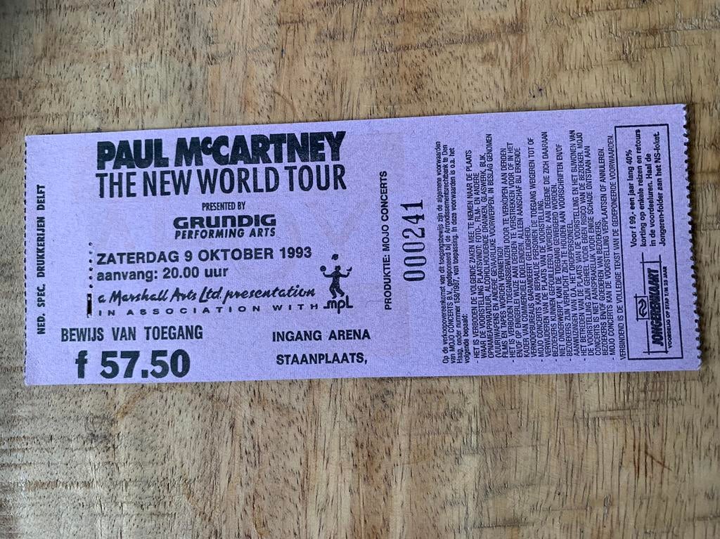 1993 concertkaartje Paul McCartney The New World Tour, Tickets en Kaartjes, Eén persoon