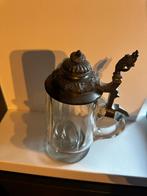 Antieke Glazen Bierpul met Tinnen Deksel, Antiek en Kunst, Antiek | Glas en Kristal, Ophalen of Verzenden