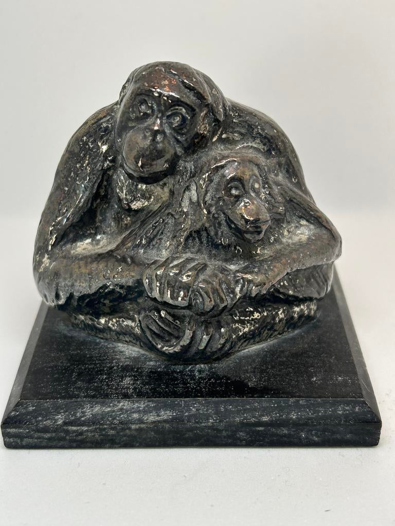 Orang Oetan met jong - verzilverde dieren - zuiver tin, Ophalen of Verzenden