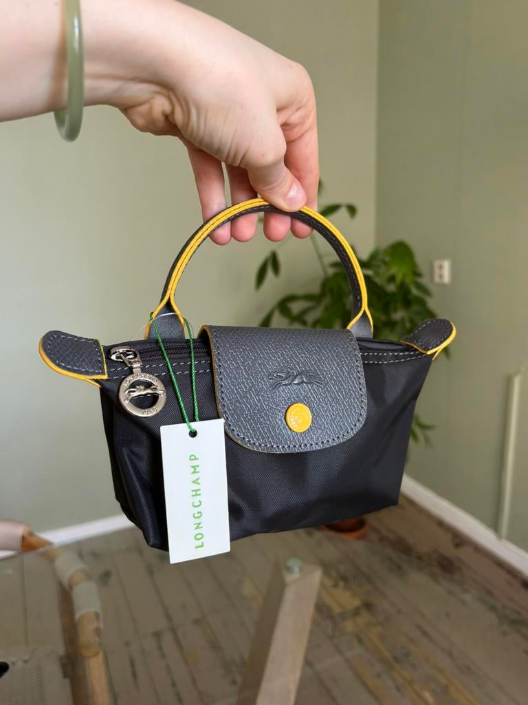Mini Longchamp Le Pliage grijs geel, Ophalen of Verzenden, Nieuw, Geel, Handtas