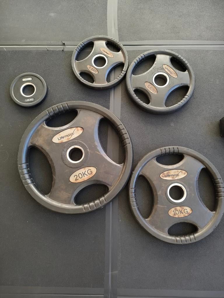 Lifemaxx Tri-Grip Olympische Schijven (Rubber/PU) – 50mm, Sport en Fitness, Fitnessmaterialen, Ophalen, Zo goed als nieuw