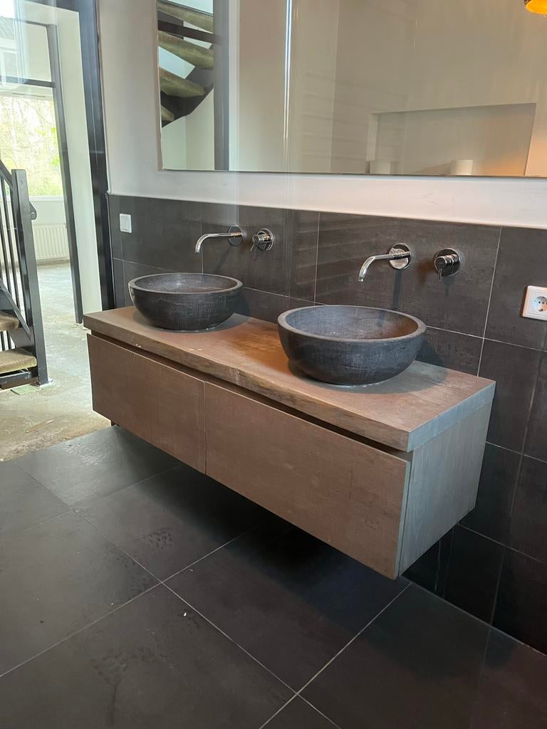 Badkamermeubel eiken met inbouw kranen en spiegel, Ophalen, Gebruikt, 100 tot 150 cm, Minder dan 100 cm