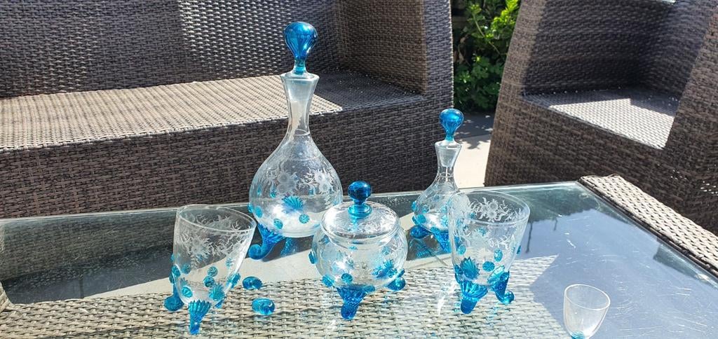 Antieke Boheemse glazen set Art Nouveau 1900 – blauw glas –, Ophalen