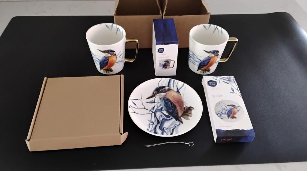 Heinen Delfts Blauw IJsvogel Mokken & Bordje - Nieuw, Antiek en Kunst, Ophalen of Verzenden